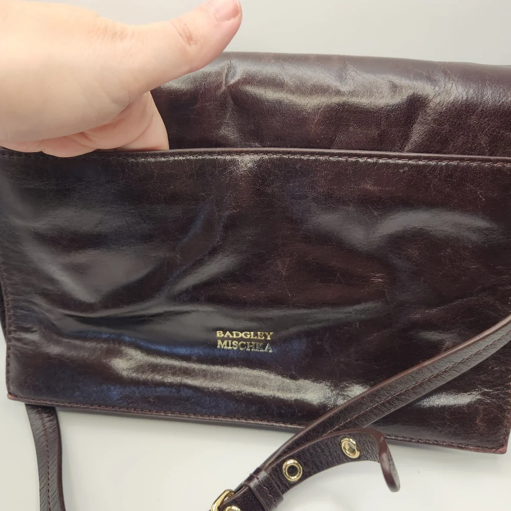 Badgley Mischka Oxblood Leather FoldOver Crossbody Bag Gold Hardware Convertible